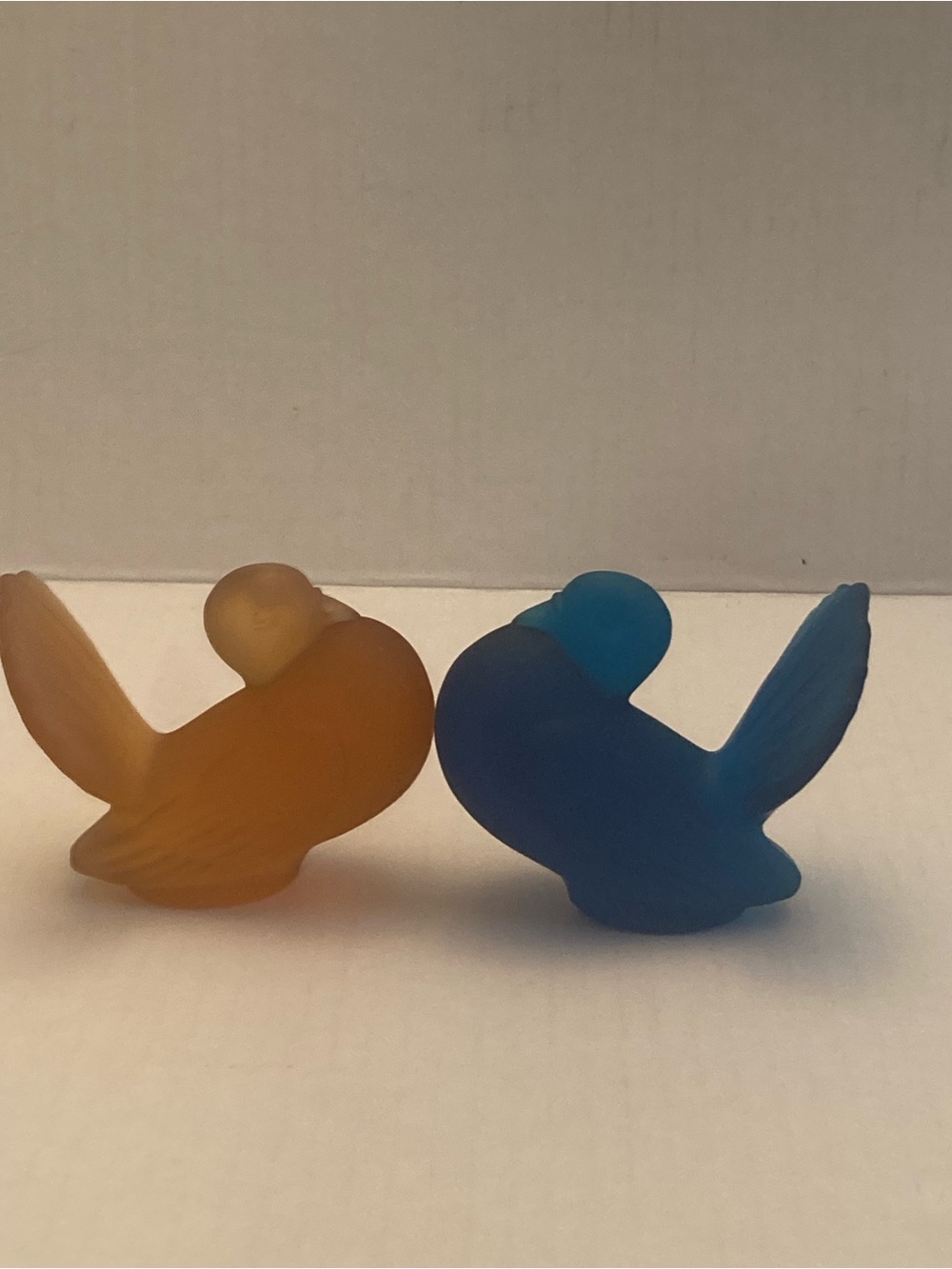 Pouter Pigeons in Frosted Glass Blue and Amber